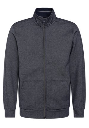 Bundjacke, dunkelgrau, mit Reißverschluss vorne, hoher Kragen, zwei Taschen vorne, elastische Bündchen und Saum, strukturierter Stoff, lockere Passform.