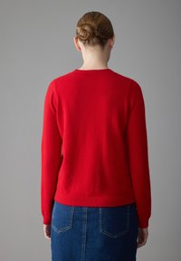 Red wool sweater with long sleeves, a round neckline, and ribbed cuffs. Worn with a denim skirt, showcasing a simple, classic design.
