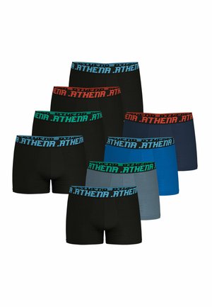 Ensemble de huit boxers de différentes couleurs, notamment noir, bleu et gris. Profilé de ceintures élastiques avec le nom de la marque en couleurs contrastantes.