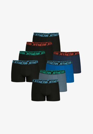 Ensemble de huit boxers de différentes couleurs, notamment noir, bleu et gris. Profilé de ceintures élastiques avec le nom de la marque en couleurs contrastantes.