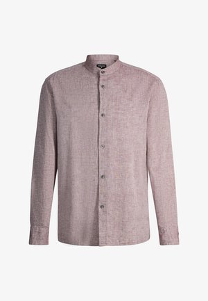 Langärmeliges Herrenhemd in hellem Mauve mit Mandarin-Kragen und sechsknöpfigem Frontverschluss, aus strukturiertem Stoff gefertigt.