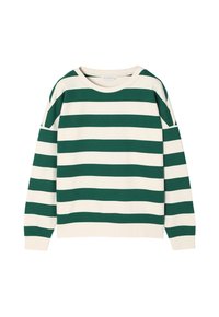 Sweatshirt rayé vert et blanc avec un col ras du cou, des manches longues et une coupe décontractée. Fabriqué en tissu doux et texturé.