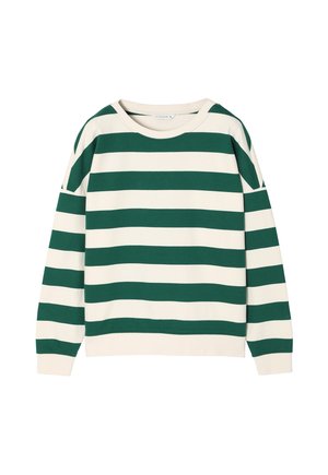 Sweatshirt rayé vert et blanc avec un col ras du cou, des manches longues et une coupe décontractée. Fabriqué en tissu doux et texturé.