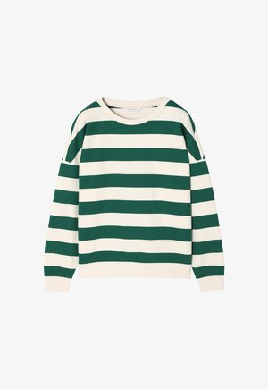 Zaļš un balts svītrots džemperis ar apaļu kakla izgriezumu, garām piedurknēm un brīvu piegriezumu. Izgatavots no mīkstas, teksturētas auduma.