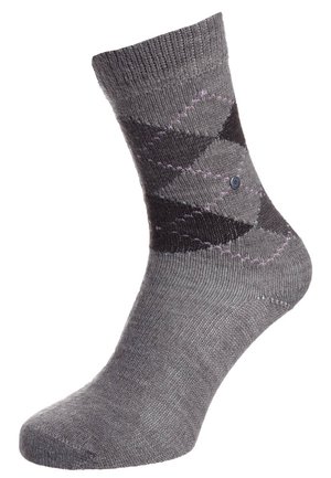 Calzino grigio con motivo argyle grigio scuro e nero e con dettagli in cucitura viola sottili, realizzato in tessuto lavorato a maglia.