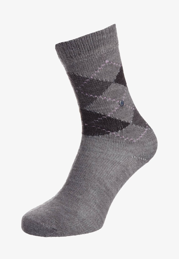 Grau Socke mit dunkelgrauem und schwarzem Argyle-Muster sowie subtilen lila Stickdetails, aus gestricktem Stoff gefertigt.