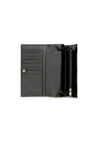 Portafoglio in pelle nera con più slot per carte, chiusura a pulsante a scatto e scomparto con zip per monete o piccoli oggetti. Finitura texturizzata.
