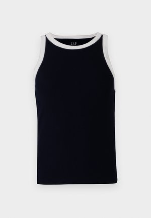 Navy ribbed tank top with a white crew neckline and armholes. Made from soft material, featuring a fitted design without embellishments.
