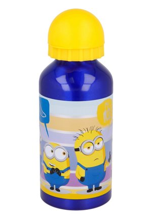 Bouteille d'eau en aluminium bleu avec un bouchon vis jaune, présentant des Minions en bande dessinée en salopette bleue sur un fond coloré avec des bulles de dialogue.