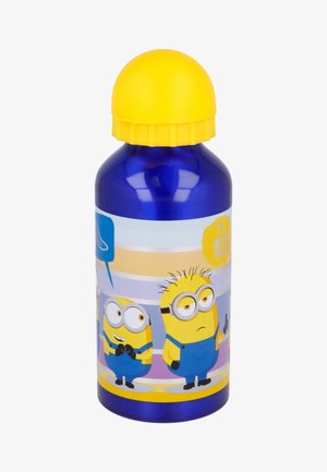 Blue aluminum water bottle with yellow screw cap, featuring cartoon Minions in blue overalls on a colorful background with speech bubbles.