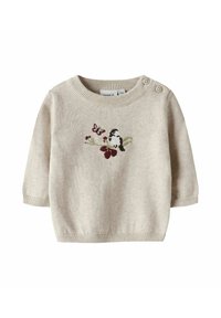 Pull beige pour bébé à manches longues, avec deux boutons aux épaules et broderie sur le devant représentant un oiseau, un papillon et une branche fleurie.