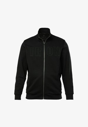 Schwarze Zip-Up-Sweatjacke mit hohem Kragen. Mit großen "IRON"-Buchstaben auf der Vorderseite, strukturiertem Stoff sowie gerippten Bündchen und Saum.