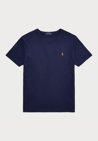 Navy blue cotton T-shirt with a crew neck, short sleeves, and a small embroidered logo on the left chest. Smooth texture, no patterns.