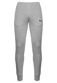 Gray sweatpants made of soft fabric, featuring a black logo, elastic waist, and ribbed cuffs at the ankles, designed for comfort.