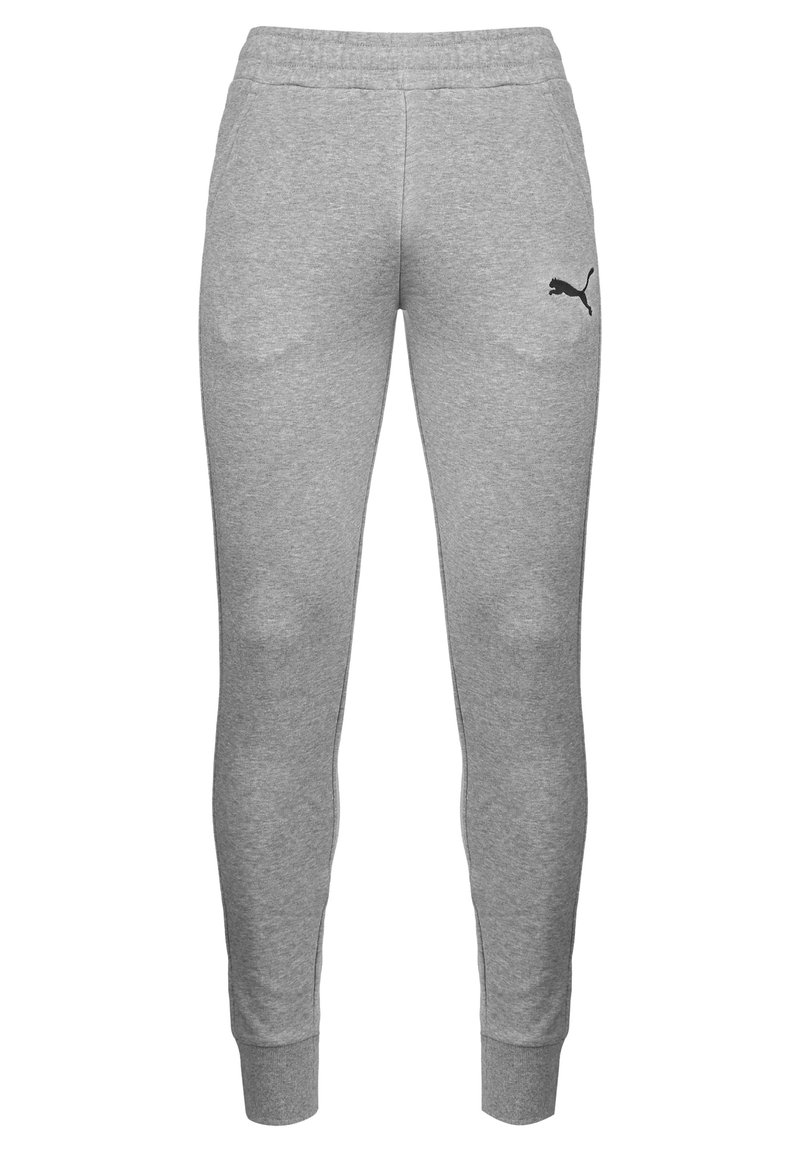 Gray sweatpants made of soft fabric, featuring a black logo, elastic waist, and ribbed cuffs at the ankles, designed for comfort.