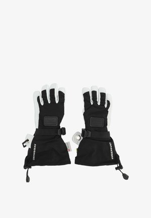 Pair of black and white insulated gloves with wrist straps, extended cuffs, and drawstrings, laid flat with palms facing down.
