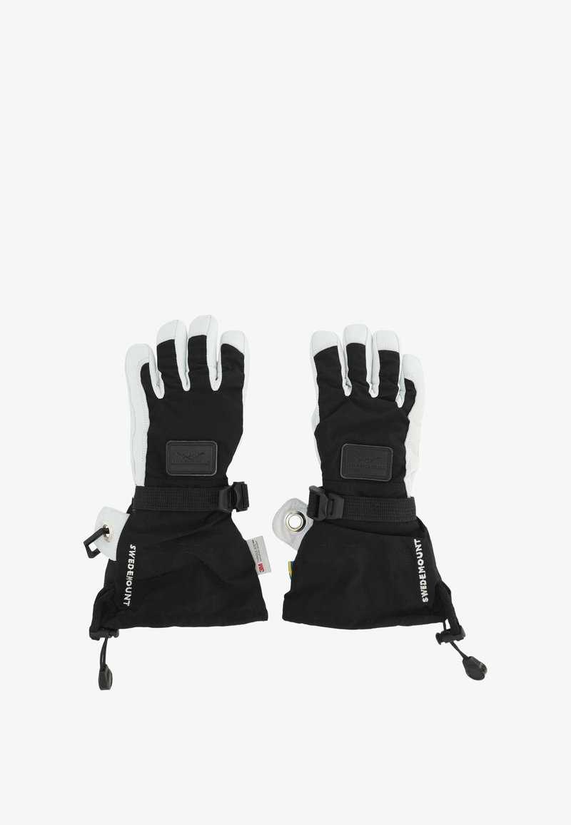 Paar schwarz-weißer isolierter Handschuhe mit Handgelenksriemen, verlängerten Bündchen und Kordelzügen, flach ausgelegt mit Handflächen nach unten.
