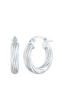 Sølvøreringe med en tvistet design. Har en poleret overflade og en sikker lås. Vist i to orienteringer for synlighed.