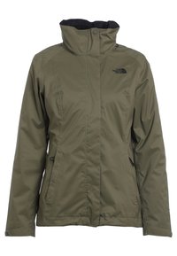 Olivgrüne, wasserdichte Jacke mit hohem Kragen, Frontreißverschluss und zwei Seitentaschen. Mit Logo auf der linken Brust und glatter Textur.