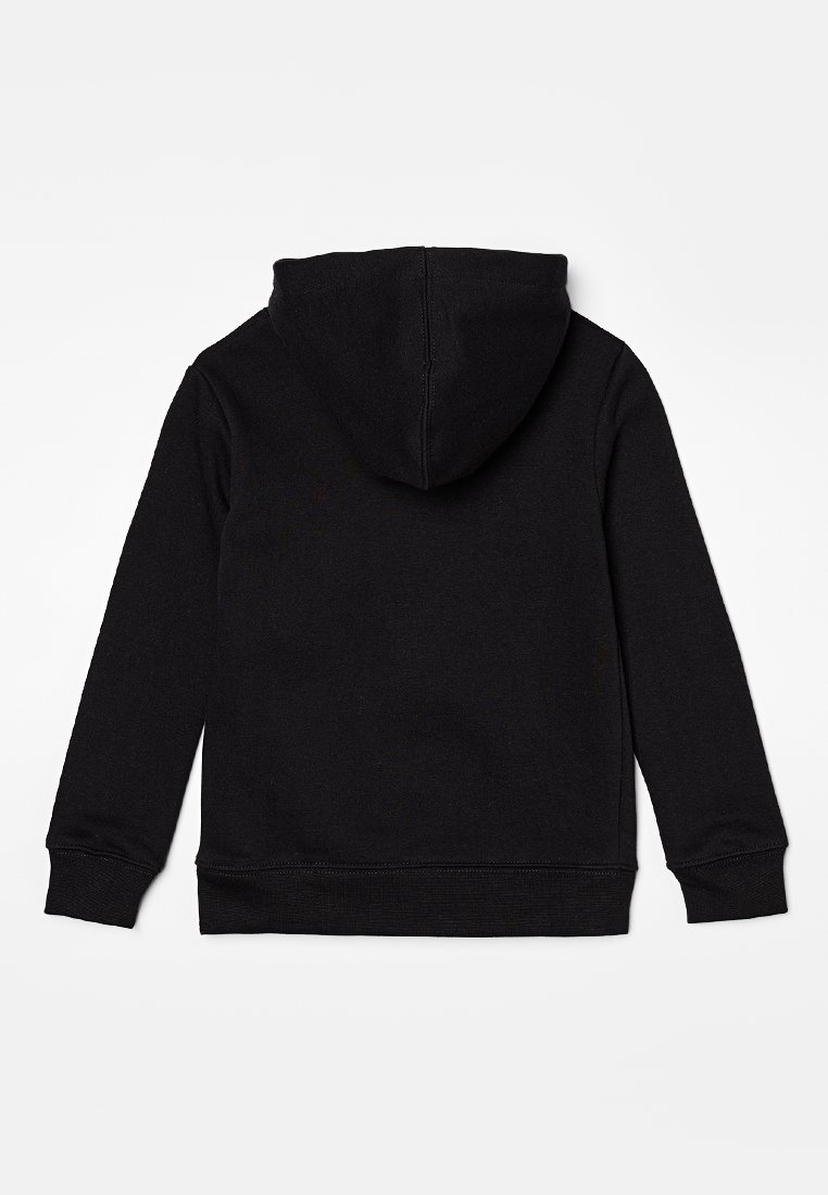 Black hoodie with a drawstring hood, long sleeves, and ribbed cuffs. Soft fabric with a smooth texture. No visible logos or patterns.