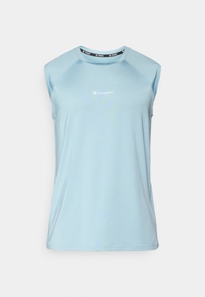 Svetlomodré športové tielko bez rukávov vyrobené z ľahkej tkaniny, s okrúhlym výstrihom a jemným logom na prednej strane. Hladká textúra, bez vzorov.