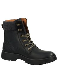 Schwarze Leder Schnürstiefel mit einer runden Zehenform, metallischen Ösen, grauem Filzschaft und Gummisohle. Mit kontrastierender brauner Innenauskleidung.