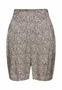 Pantaloni Bermuda realizzati in tessuto leggero con un motivo astratto marrone e bianco. Texture liscia con vita elastica.