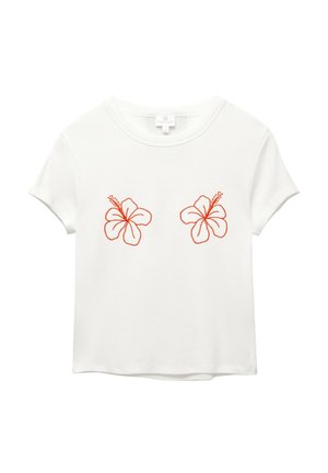 Valkoinen lyhythihainen t-paita, jossa on edessä kaksi oranssia brodeerattua hibiskusta. Pehmeää kangasta, rento istuvuus ja pyöreä kaula-aukko.