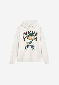 Lichtgrijze hoodie met een cartoonbeer in sportoutfit, met de tekst "NEW YORK" in vet zwart. Met trekkoorden en cuffed mouwen.