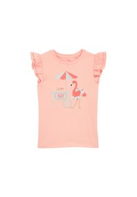 Camiseta de algodón rosa con mangas rizadas, con un diseño bordado de un flamenco al lado de un carrito de helados y un paraguas.