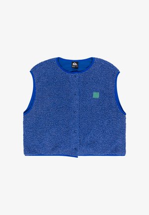 Blue fleece vest with a textured surface, round neck, sleeveless design, front snap closure, and a small green logo patch.