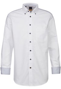 Camicia bianca a maniche lunghe con colletto button-down. Presenta bottoni scuri e dettagli a motivi blu sui polsini. Include una tasca sul petto.