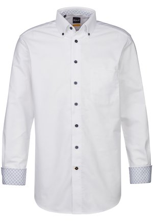 Weißes Langarmhemd mit Button-Down-Kragen. Verfügt über dunkle Knöpfe und gemusterte blaue Akzente an den Manschetten. Enthält eine Brusttasche.