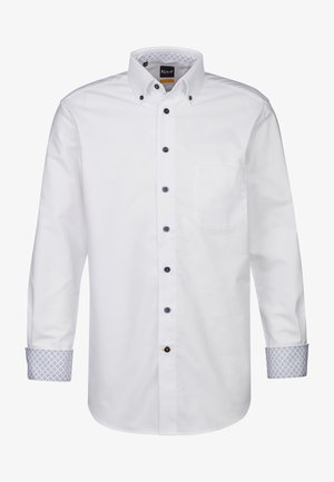 Weißes Langarmhemd mit Button-Down-Kragen. Verfügt über dunkle Knöpfe und gemusterte blaue Akzente an den Manschetten. Enthält eine Brusttasche.