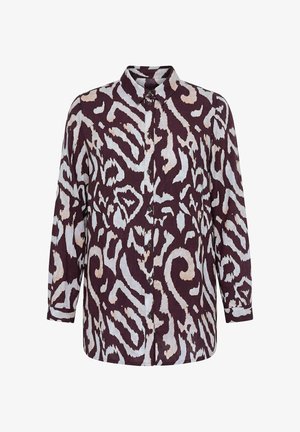 Chemise à manches longues boutonnée avec un motif abstrait animalier en tons violet foncé, blanc et beige clair.