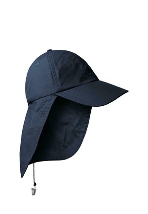 Marineblaue Outdoor-Kappe mit breiter Krempe, langem Nackenschutz zum Sonnenschutz und verstellbarem Kinnriemen mit Knebelverschluss.