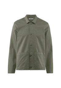 Olijfgroene jacket van katoen, met een kraag, een knoopsluiting aan de voorkant en twee voorzakken. Soepele textuur.