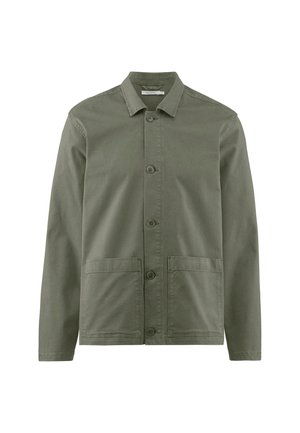 Olivgrüne Jacke aus Baumwolle mit einem kragenförmigen Ausschnitt, vorne mit Knopfverschluss und zwei aufgesetzten Taschen. Glatte Textur.