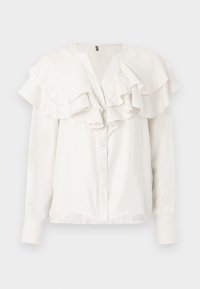 Witte blouse met lange mouwen, voorzien van een rimpelboord en aan de voorkant, met knoopsluiting en zachte, gestructureerde stof.