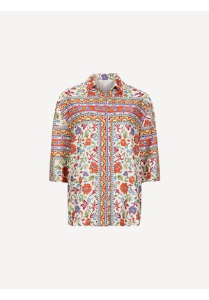 Camicia con bottoni e maniche corte con motivo floreale multicolore e geometrico su sfondo bianco.