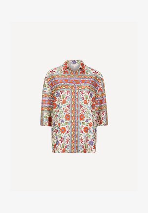 Camicia con bottoni e maniche corte con motivo floreale multicolore e geometrico su sfondo bianco.