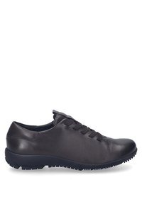 Baskets en cuir gris foncé avec un dessus lisse, des lacets élastiques, un bout arrondi et une semelle en caoutchouc noir texturé pour une meilleure adh�érence.