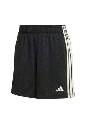 Schwarze athletische Shorts aus atmungsaktivem Mesh-Gewebe. Verfügen über einen elastischen Bund und weiße Streifen an der Seite. Adidas-Logo am Saum.