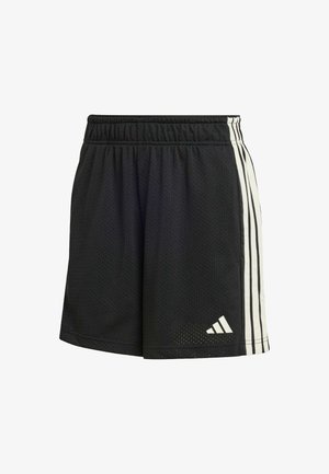 Schwarze athletische Shorts aus atmungsaktivem Mesh-Gewebe. Verfügen über einen elastischen Bund und weiße Streifen an der Seite. Adidas-Logo am Saum.