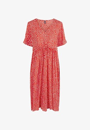 Red knee-length dress with white abstract spots, short sleeves, V-neck, button front, and gathered waist with drawstring tie.