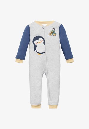 Mono gris con mangas en azul marino y puños amarillos, que presenta un gráfico de pingüino en el frontal y letras de bloques coloridas ABC. Cierre con cremallera.