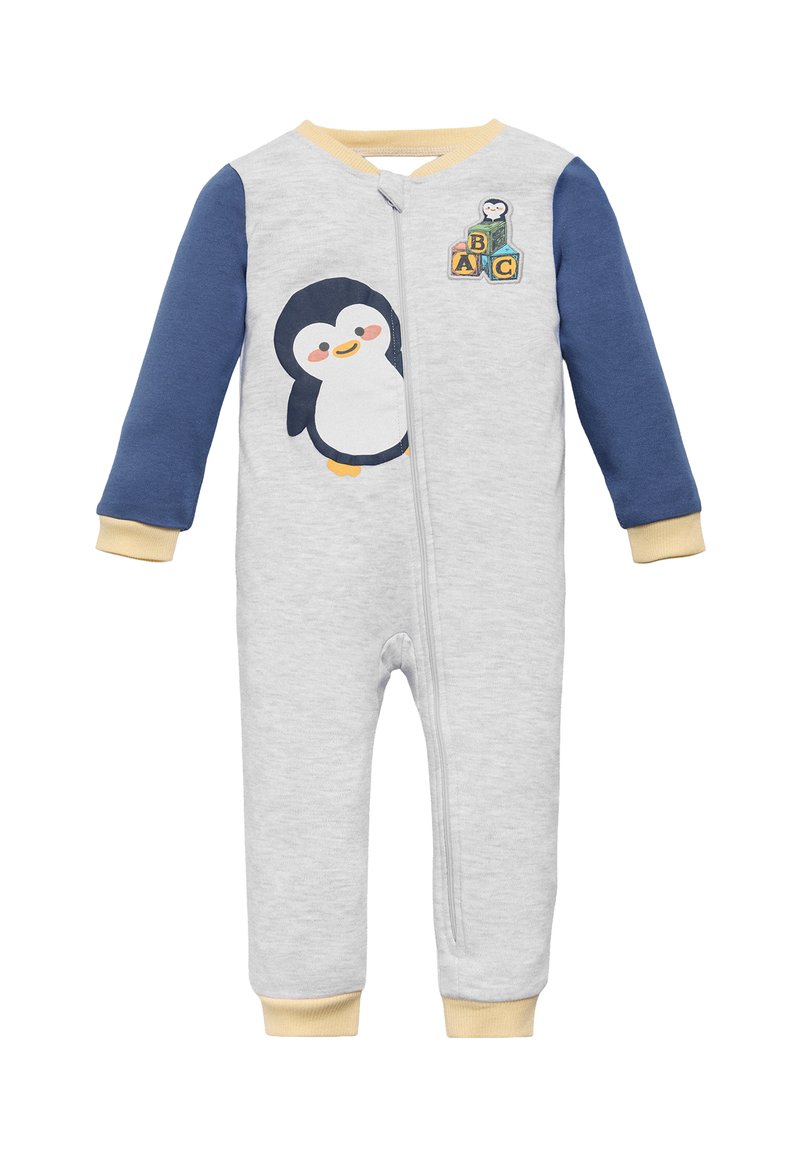 Mono gris con mangas en azul marino y puños amarillos, que presenta un gráfico de pingüino en el frontal y letras de bloques coloridas ABC. Cierre con cremallera.