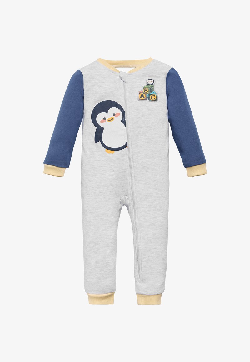 Mono gris con mangas en azul marino y puños amarillos, que presenta un gráfico de pingüino en el frontal y letras de bloques coloridas ABC. Cierre con cremallera.