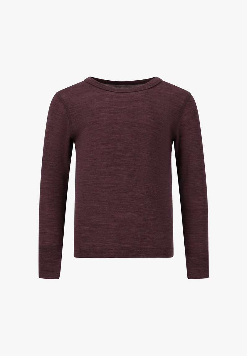 Langærmet skjorte i mørk burgundy, struktureret stof, rund hals, med en afslappet pasform og stitched sømdetaljer. Ingen synlige mønstre eller accenter.