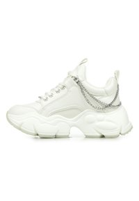 White sneakers with a chunky sole, smooth synthetic upper, lace-up design, and silver chain accents on the heel.